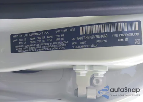 2022 Alfa Romeo Giulia Ti Awd from USA, damaged, VIN ZARFANBN7N7661669